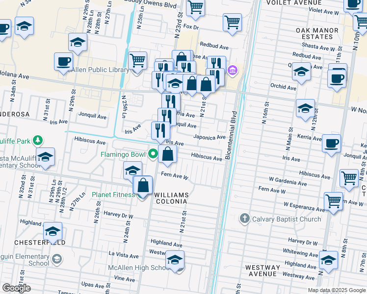 map of restaurants, bars, coffee shops, grocery stores, and more near 2125 West Iris Avenue in McAllen