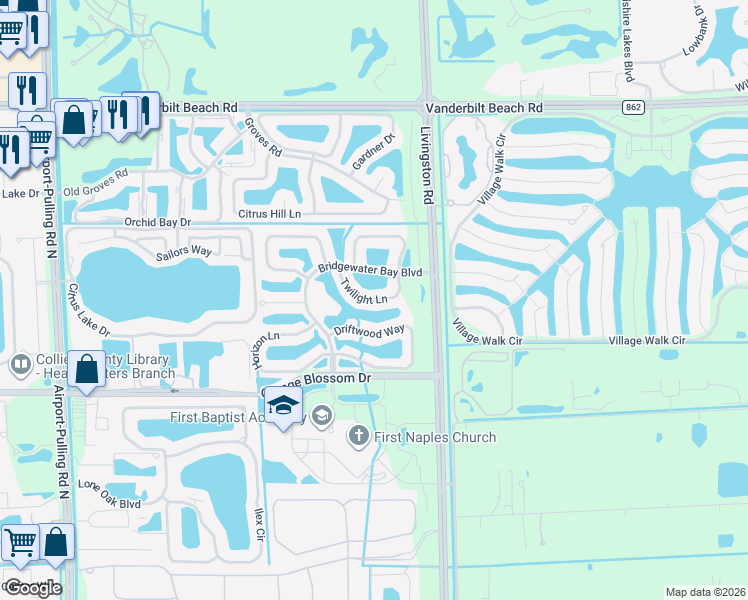 map of restaurants, bars, coffee shops, grocery stores, and more near 3307 Twilight Lane in Naples