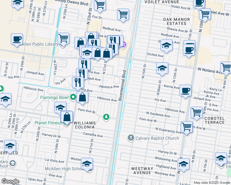 map of restaurants, bars, coffee shops, grocery stores, and more near 1912 West Iris Avenue in McAllen