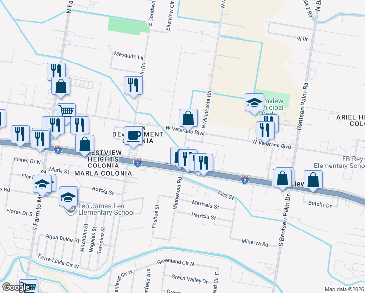 map of restaurants, bars, coffee shops, grocery stores, and more near 495 Minnesota Road in Palmview