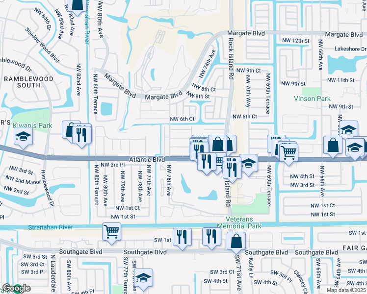 map of restaurants, bars, coffee shops, grocery stores, and more near 7605 Northwest 4th Place in Margate