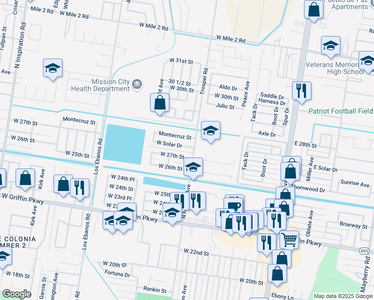 map of restaurants, bars, coffee shops, grocery stores, and more near 805 West Solar Drive in Mission
