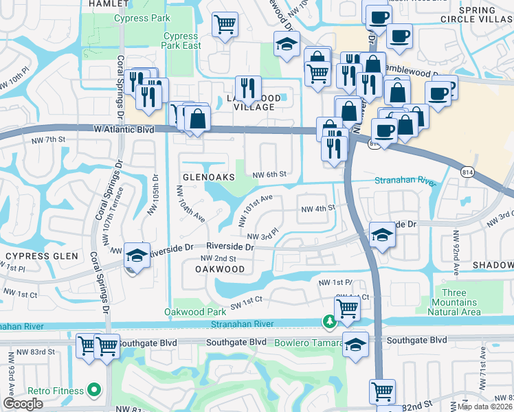 map of restaurants, bars, coffee shops, grocery stores, and more near 431 Northwest 101st Avenue in Coral Springs