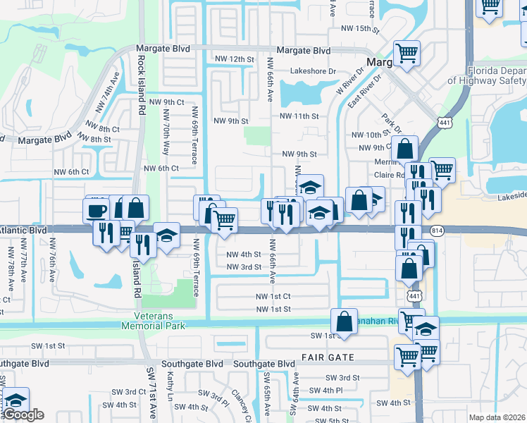 map of restaurants, bars, coffee shops, grocery stores, and more near 630 Northwest 67th Terrace in Margate