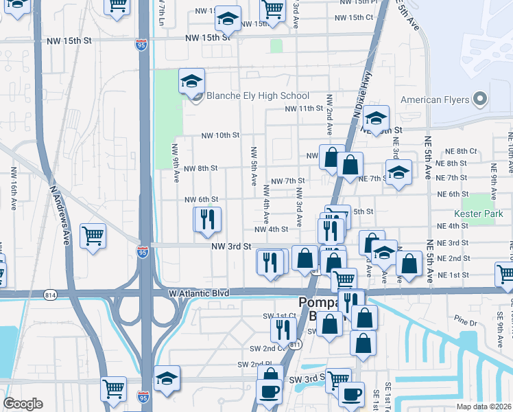 map of restaurants, bars, coffee shops, grocery stores, and more near 417 Northwest 5th Street in Pompano Beach
