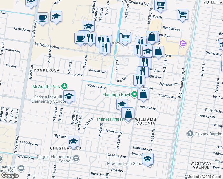 map of restaurants, bars, coffee shops, grocery stores, and more near 2512 Hibiscus Avenue in McAllen