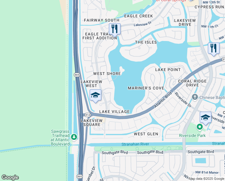 map of restaurants, bars, coffee shops, grocery stores, and more near 627 Lakeview Drive in Coral Springs