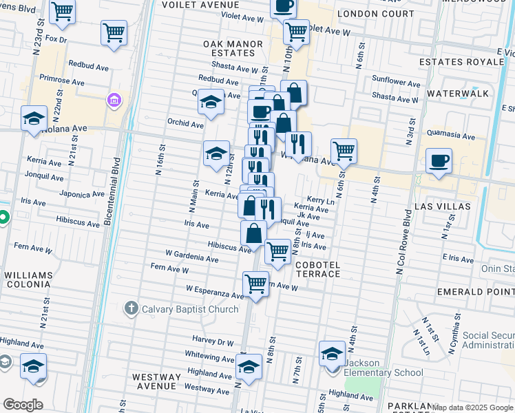 map of restaurants, bars, coffee shops, grocery stores, and more near 3607 North 10th Street in McAllen