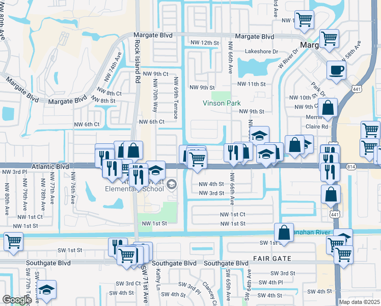 map of restaurants, bars, coffee shops, grocery stores, and more near 631 Northwest 69th Avenue in Margate