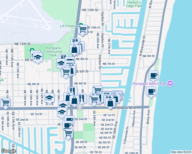 map of restaurants, bars, coffee shops, grocery stores, and more near 416 Northeast 25th Avenue in Pompano Beach