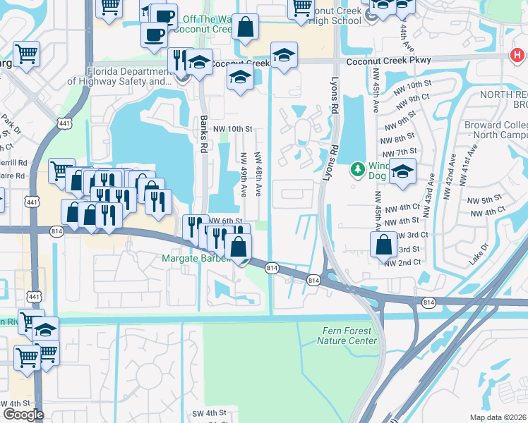 map of restaurants, bars, coffee shops, grocery stores, and more near 641 Northwest 48th Avenue in Coconut Creek