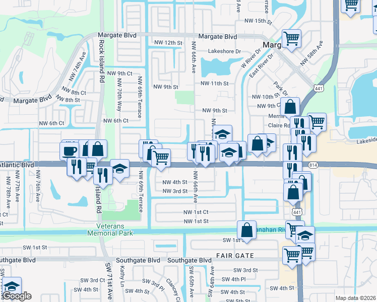 map of restaurants, bars, coffee shops, grocery stores, and more near 630 Northwest 67th Terrace in Margate