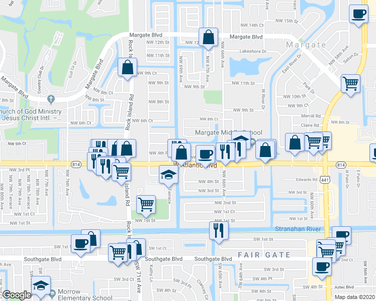 map of restaurants, bars, coffee shops, grocery stores, and more near 631 Northwest 69th Avenue in Margate