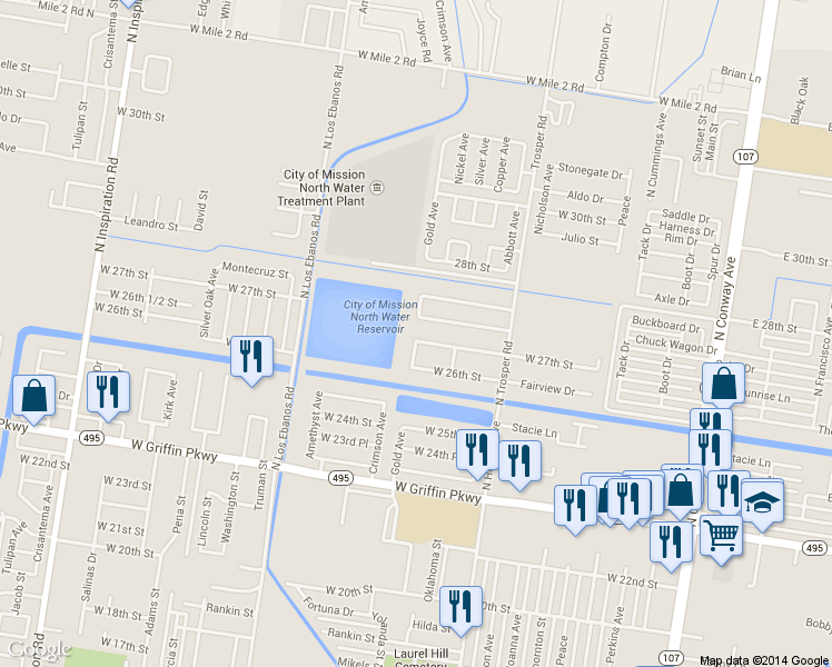 map of restaurants, bars, coffee shops, grocery stores, and more near 1106 West 27th Street in Mission