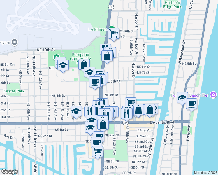 map of restaurants, bars, coffee shops, grocery stores, and more near 420 Northeast 22nd Avenue in Pompano Beach