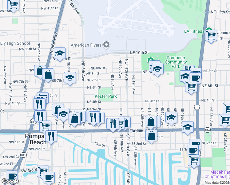 map of restaurants, bars, coffee shops, grocery stores, and more near 905 Northeast 5th Street in Pompano Beach