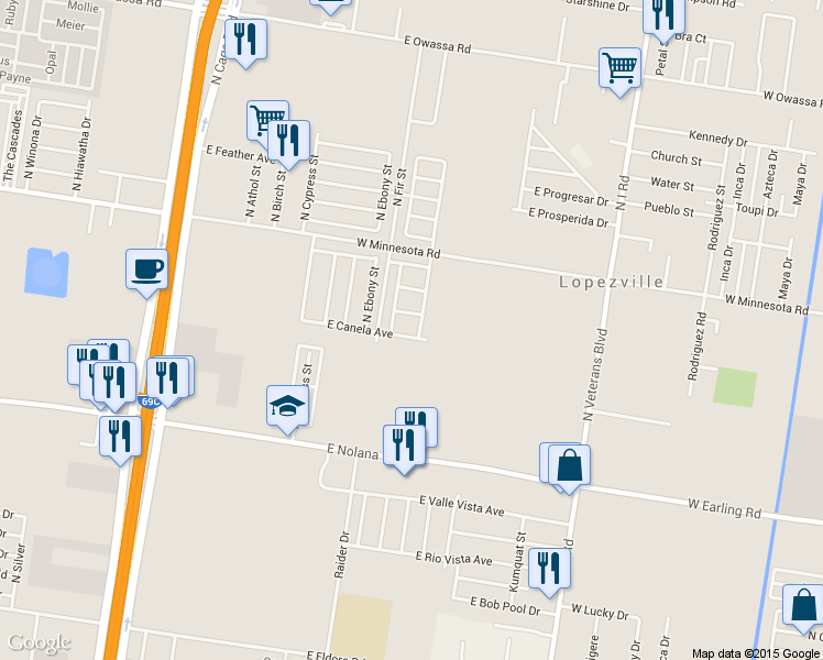 map of restaurants, bars, coffee shops, grocery stores, and more near 909 E Canela Ave in Pharr