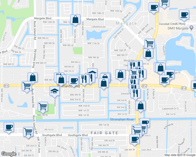 map of restaurants, bars, coffee shops, grocery stores, and more near 500 Northwest 65th Avenue in Margate