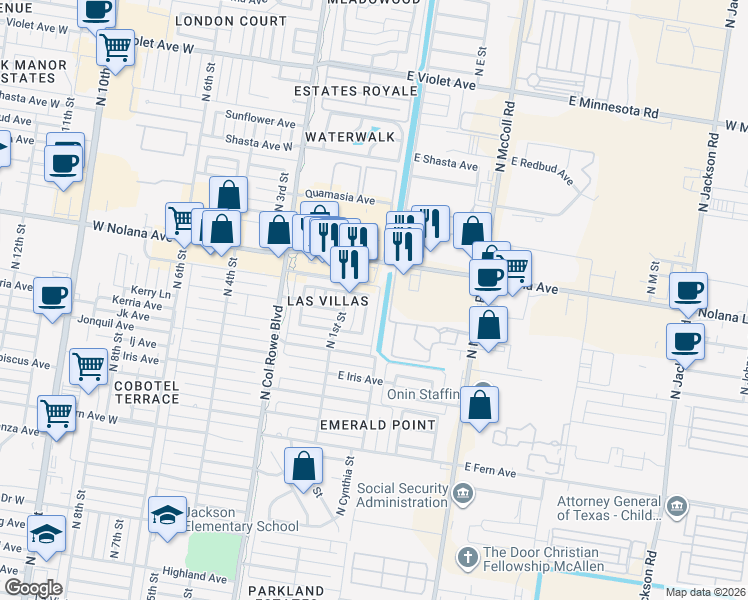 map of restaurants, bars, coffee shops, grocery stores, and more near 3808 North Cynthia Street in McAllen
