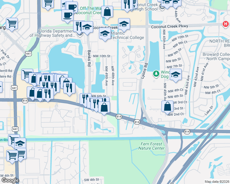map of restaurants, bars, coffee shops, grocery stores, and more near 641 Northwest 48th Avenue in Coconut Creek