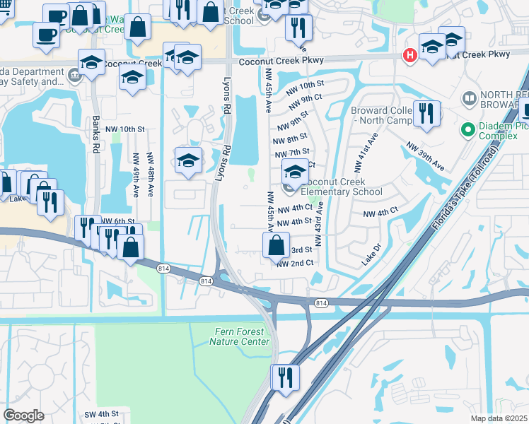 map of restaurants, bars, coffee shops, grocery stores, and more near 4500 Briarcliff Lane in Coconut Creek