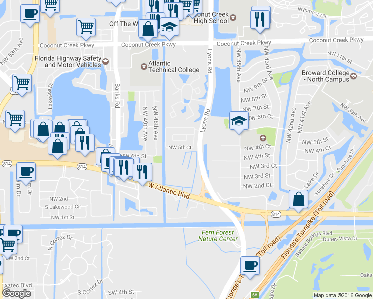 map of restaurants, bars, coffee shops, grocery stores, and more near 4736 Northwest 5th Court in Coconut Creek