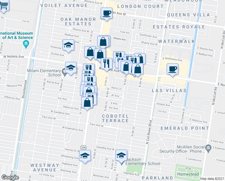 map of restaurants, bars, coffee shops, grocery stores, and more near 712 Kerria Avenue in McAllen