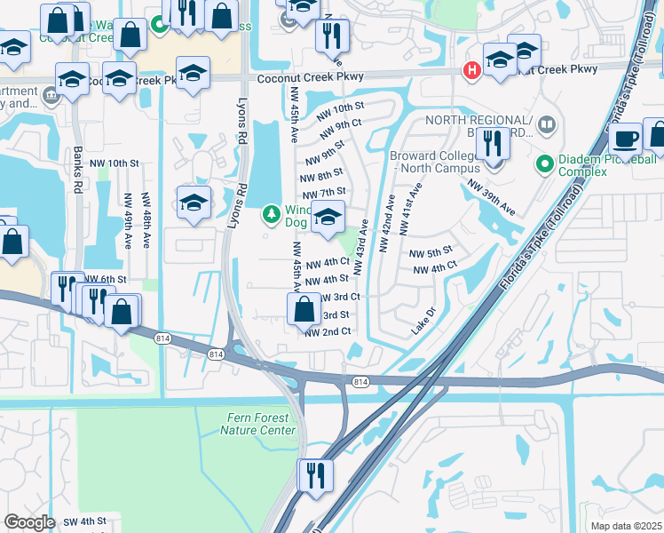 map of restaurants, bars, coffee shops, grocery stores, and more near 4380 Northwest 4th Court in Coconut Creek