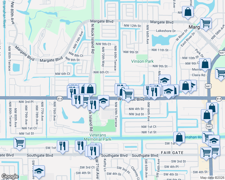 map of restaurants, bars, coffee shops, grocery stores, and more near 6933 Northwest 4th Place in Margate