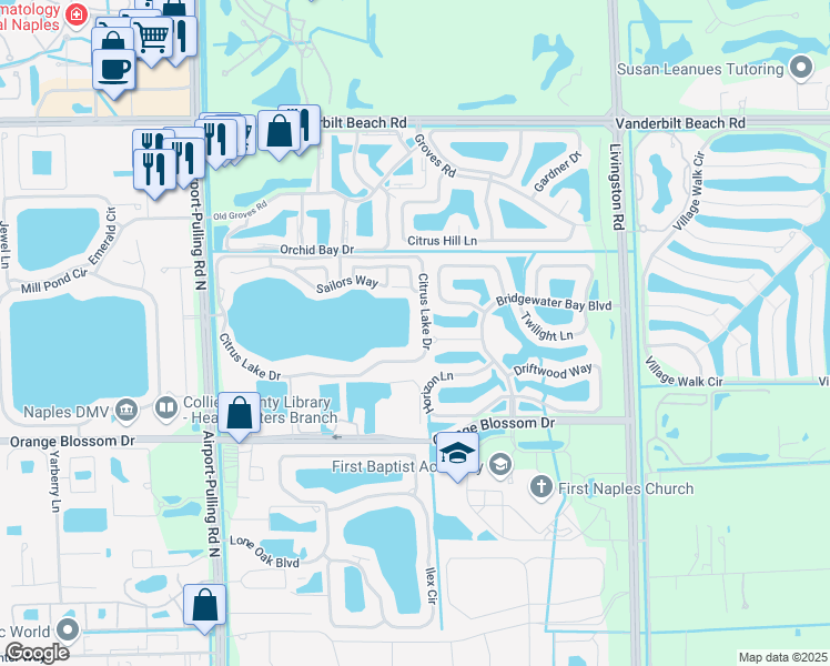 map of restaurants, bars, coffee shops, grocery stores, and more near 2875 Citrus Lake Drive in Naples