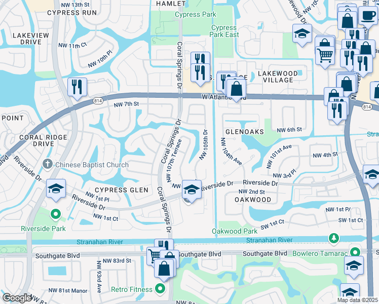 map of restaurants, bars, coffee shops, grocery stores, and more near 447 Northwest 107th Avenue in Coral Springs