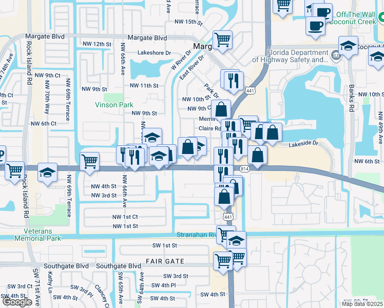 map of restaurants, bars, coffee shops, grocery stores, and more near 6200 Northwest 6th Street in Margate
