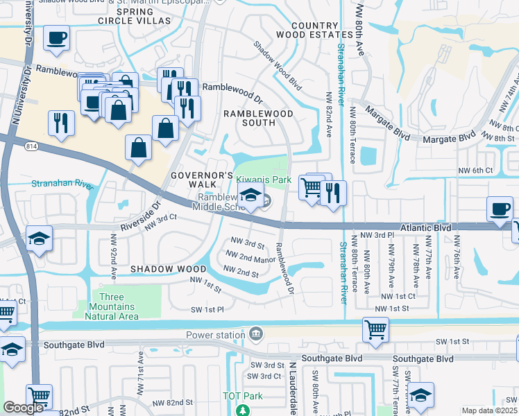 map of restaurants, bars, coffee shops, grocery stores, and more near 8505 West Atlantic Boulevard in Coral Springs