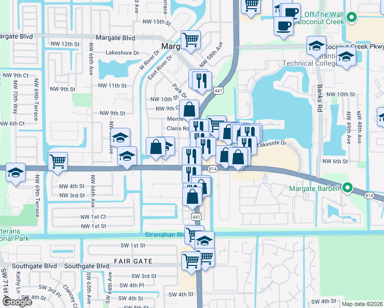map of restaurants, bars, coffee shops, grocery stores, and more near 573 Florida 7 in Pompano Beach