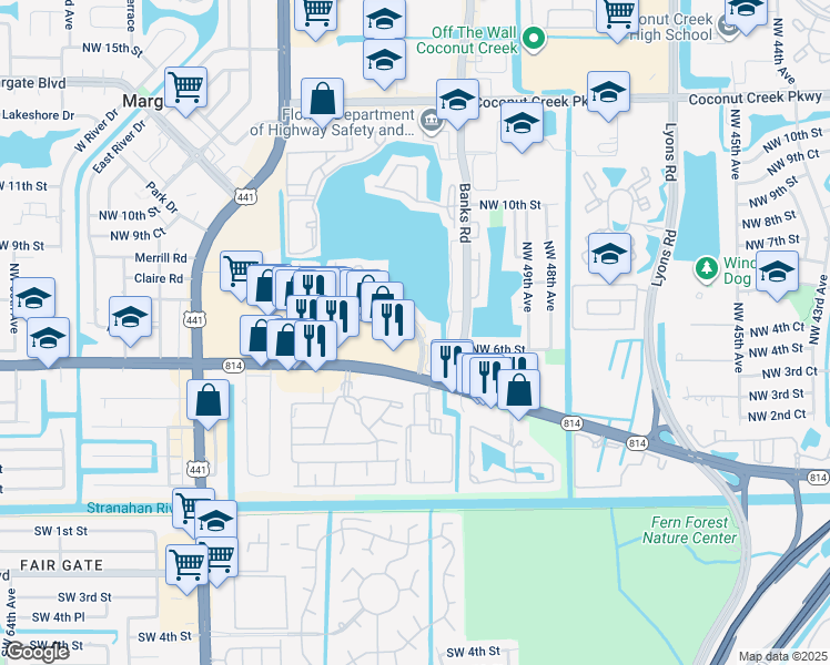 map of restaurants, bars, coffee shops, grocery stores, and more near 416 Lakeside Drive in Margate