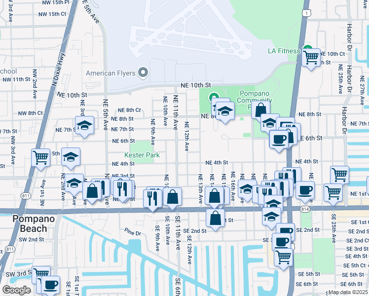map of restaurants, bars, coffee shops, grocery stores, and more near 505 Northeast 12th Avenue in Pompano Beach
