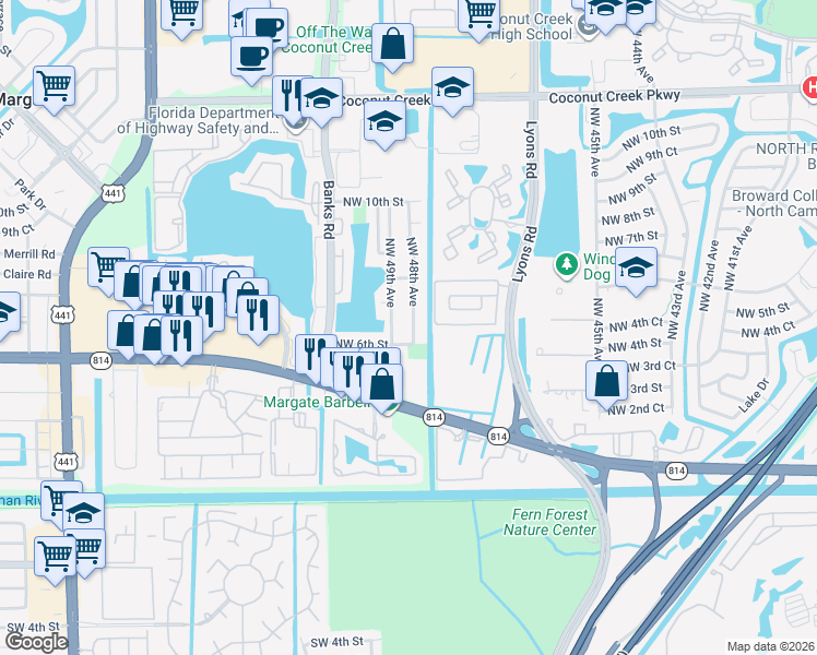 map of restaurants, bars, coffee shops, grocery stores, and more near 641 Northwest 48th Avenue in Coconut Creek