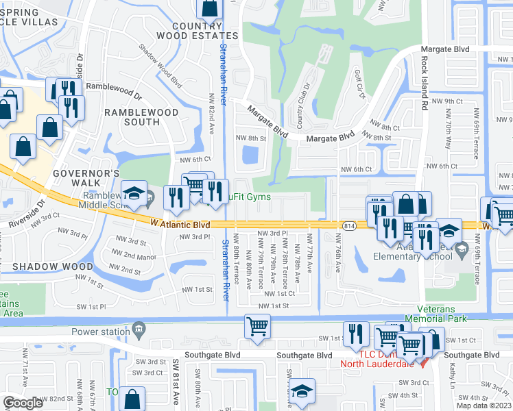 map of restaurants, bars, coffee shops, grocery stores, and more near 104 Northwest 79th Terrace in Margate