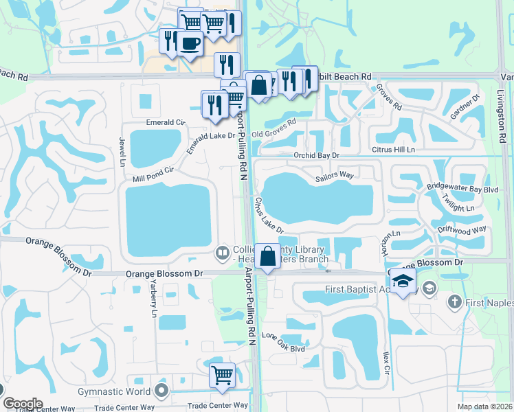 map of restaurants, bars, coffee shops, grocery stores, and more near 2524 Citrus Lake Drive in Naples