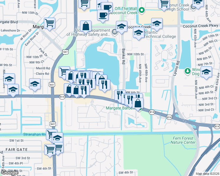 map of restaurants, bars, coffee shops, grocery stores, and more near 416 Lakeside Drive in Margate