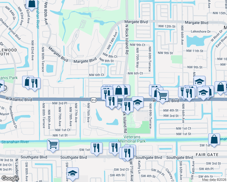 map of restaurants, bars, coffee shops, grocery stores, and more near 21 Northwest 4th Place in Margate