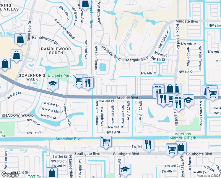 map of restaurants, bars, coffee shops, grocery stores, and more near 601 Northwest 78th Avenue in Margate