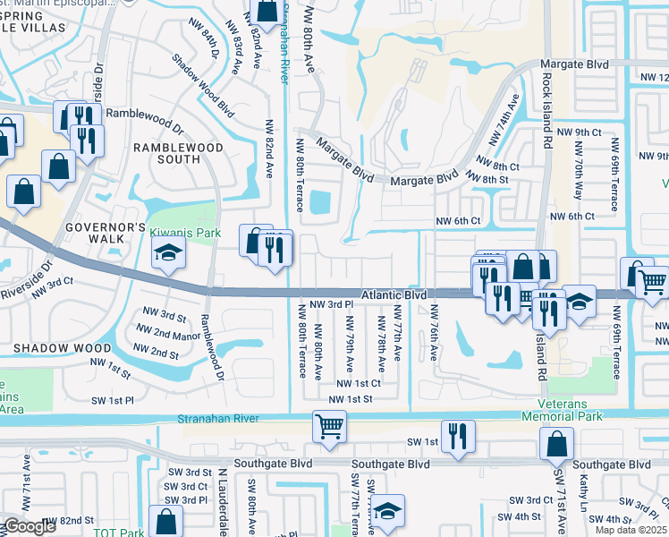 map of restaurants, bars, coffee shops, grocery stores, and more near 104 Northwest 79th Terrace in Margate