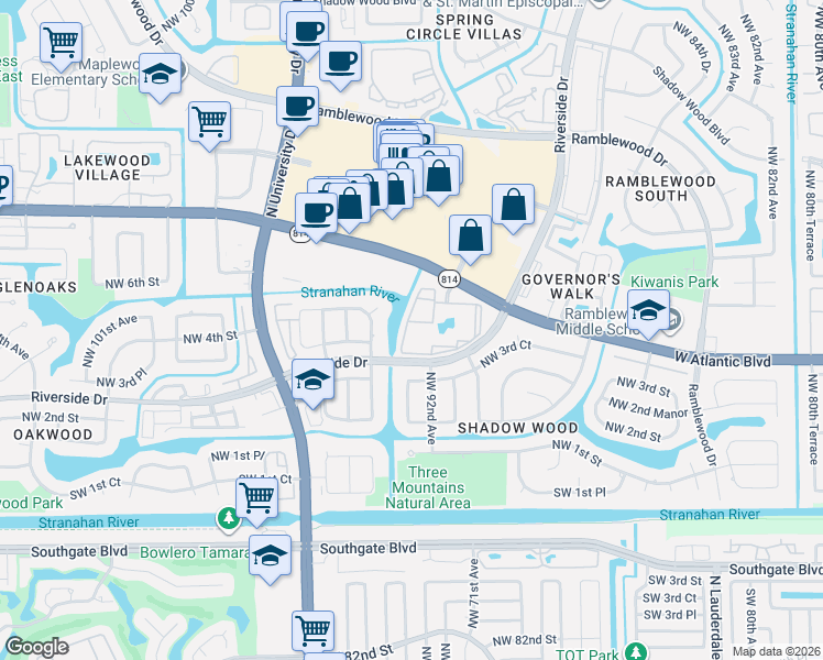 map of restaurants, bars, coffee shops, grocery stores, and more near 9188 West Atlantic Boulevard in Coral Springs