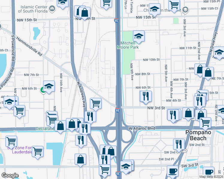 map of restaurants, bars, coffee shops, grocery stores, and more near 580 Northwest 12th Avenue in Pompano Beach
