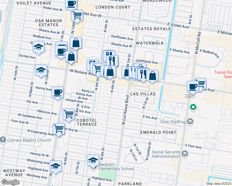 map of restaurants, bars, coffee shops, grocery stores, and more near 308 Larkspur Avenue in McAllen