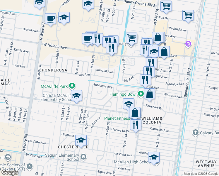 map of restaurants, bars, coffee shops, grocery stores, and more near 3316 North 27 1/2 Street in McAllen