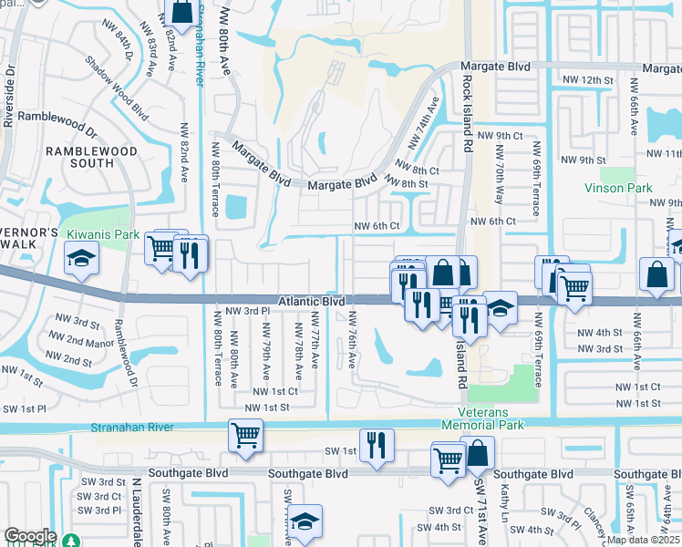 map of restaurants, bars, coffee shops, grocery stores, and more near 40 Northwest 76th Terrace in Margate