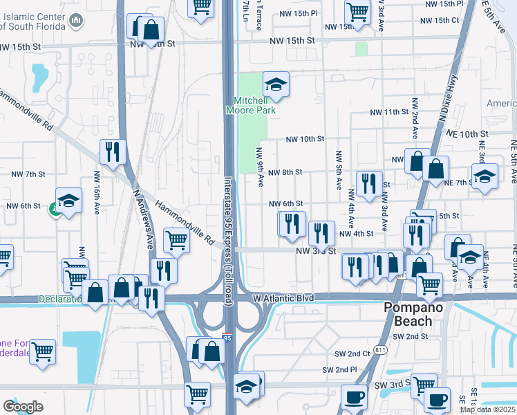 map of restaurants, bars, coffee shops, grocery stores, and more near 521 Northwest 9th Avenue in Pompano Beach