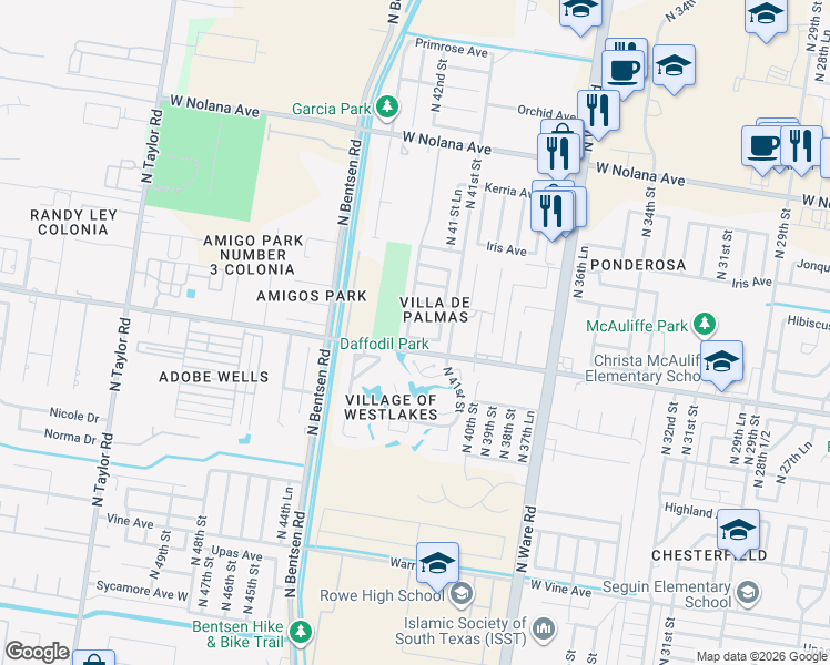 map of restaurants, bars, coffee shops, grocery stores, and more near 4120 West Esperanza Avenue in McAllen